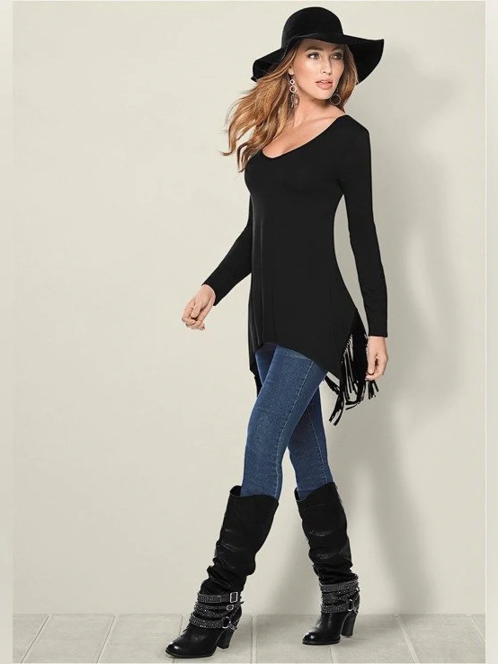 Venus Black V-Neck Long Sleeve Fringe Hem Top